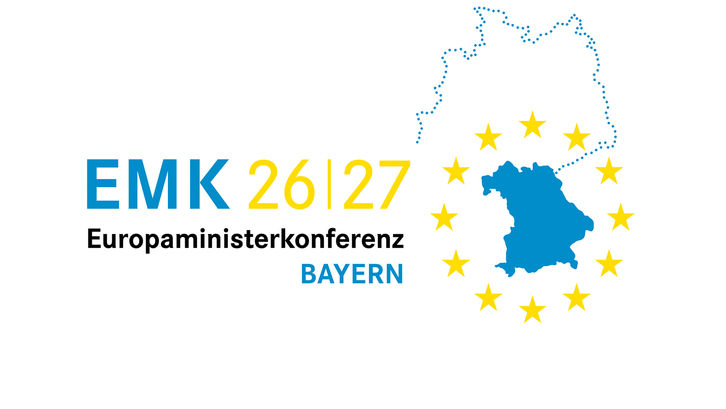 Bild zeigt Logo Bayerischer EMK-Vorsitz: Gezeichneter Umriss Staatsgebiet Deutschlands gezeichnet in blau gepunkteter Linie, darin mit blauer Farbe ausgemalt die Umrisse Bayerns, umgeben mit einem Kreis aus gelben Sternen.